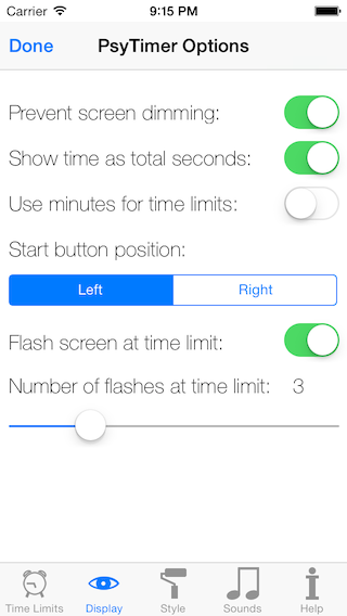 Screenshot of iPhone PsyTimer stopwatch
