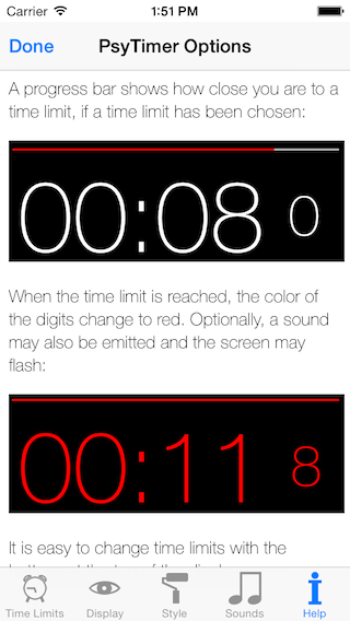 Screenshot of iPhone PsyTimer stopwatch